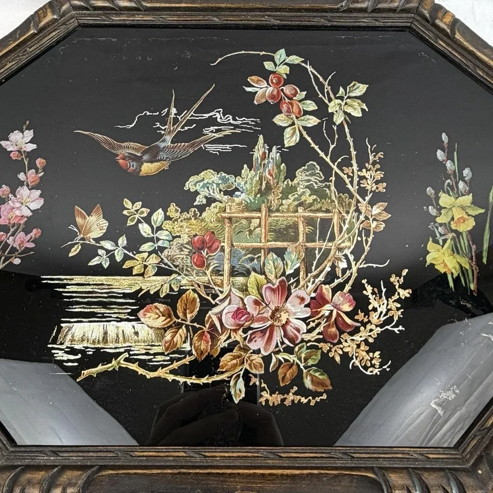 Vintage Dark Floral Tray Glass Top Moody Decor Bird Victorian Revival Black